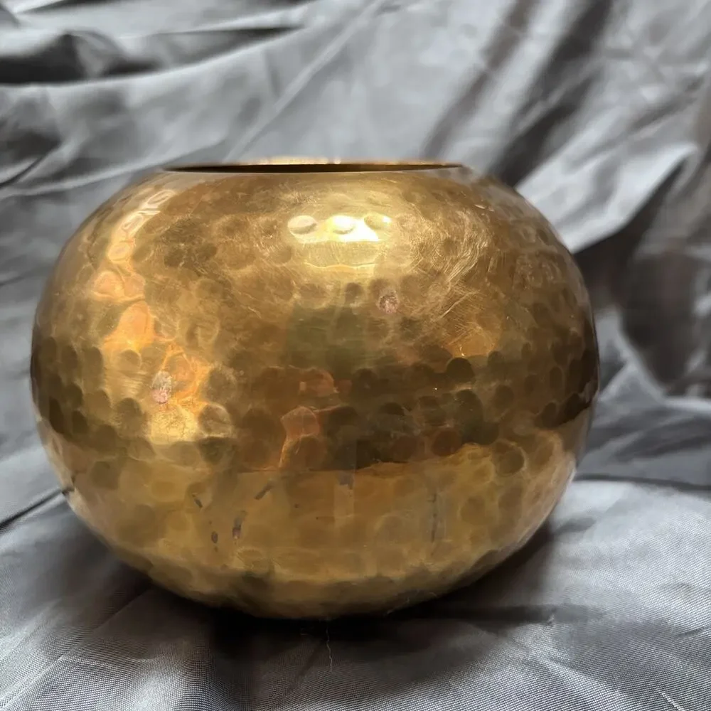 Vintage Hammered Brass Metal Ball Vase Planter Mid Century Modern India Made 5”